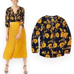 J. Crew Sunflower Button‎ Front Top S Small Navy Blue Floral Yellow V Neck